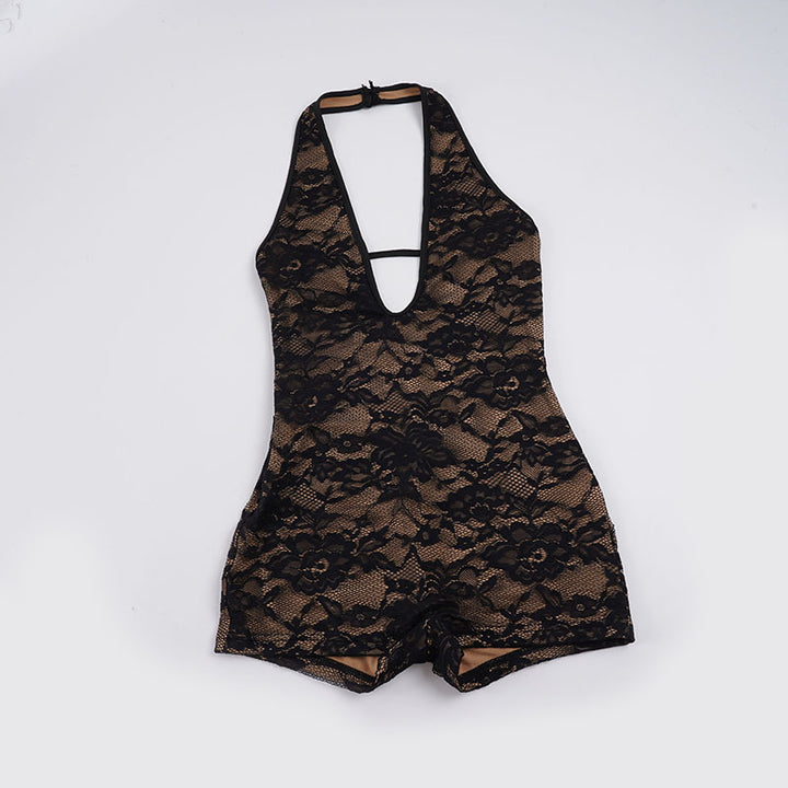 Damen verführerischer Spitzenbodysuit mit tiefem V-Ausschnitt und offenem Rücken Drune
