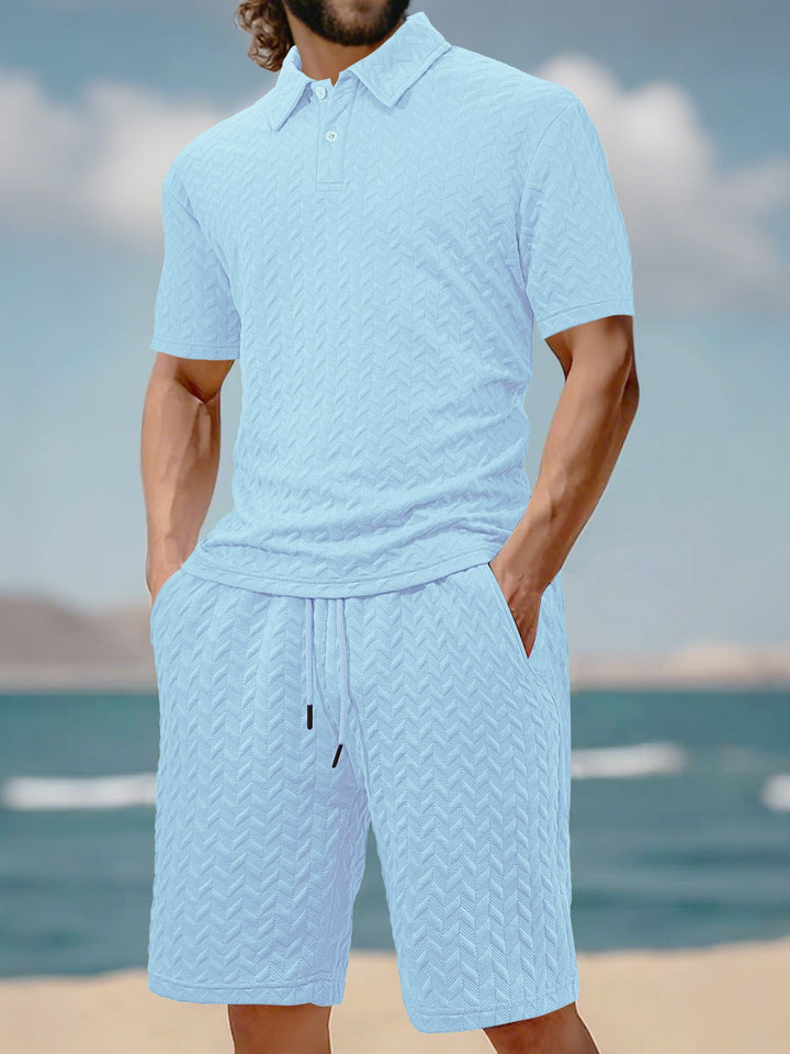 Herren nan geprägtes Strand-Ensemble mit offenem Kurzarm-Hemd und Kordel-Bermuda Drune