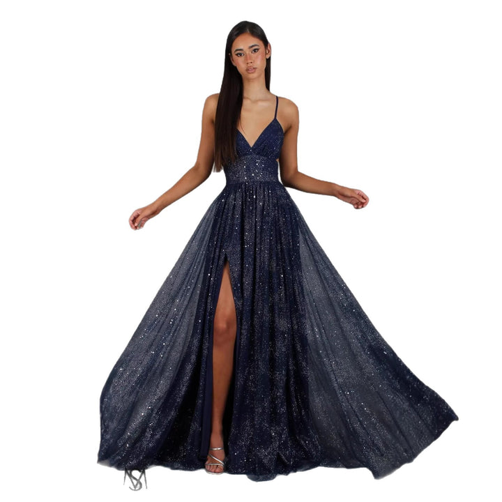 Damen Elegantes Abendkleid mit glamourösem V-Ausschnitt und funkelndem Tüll Drune