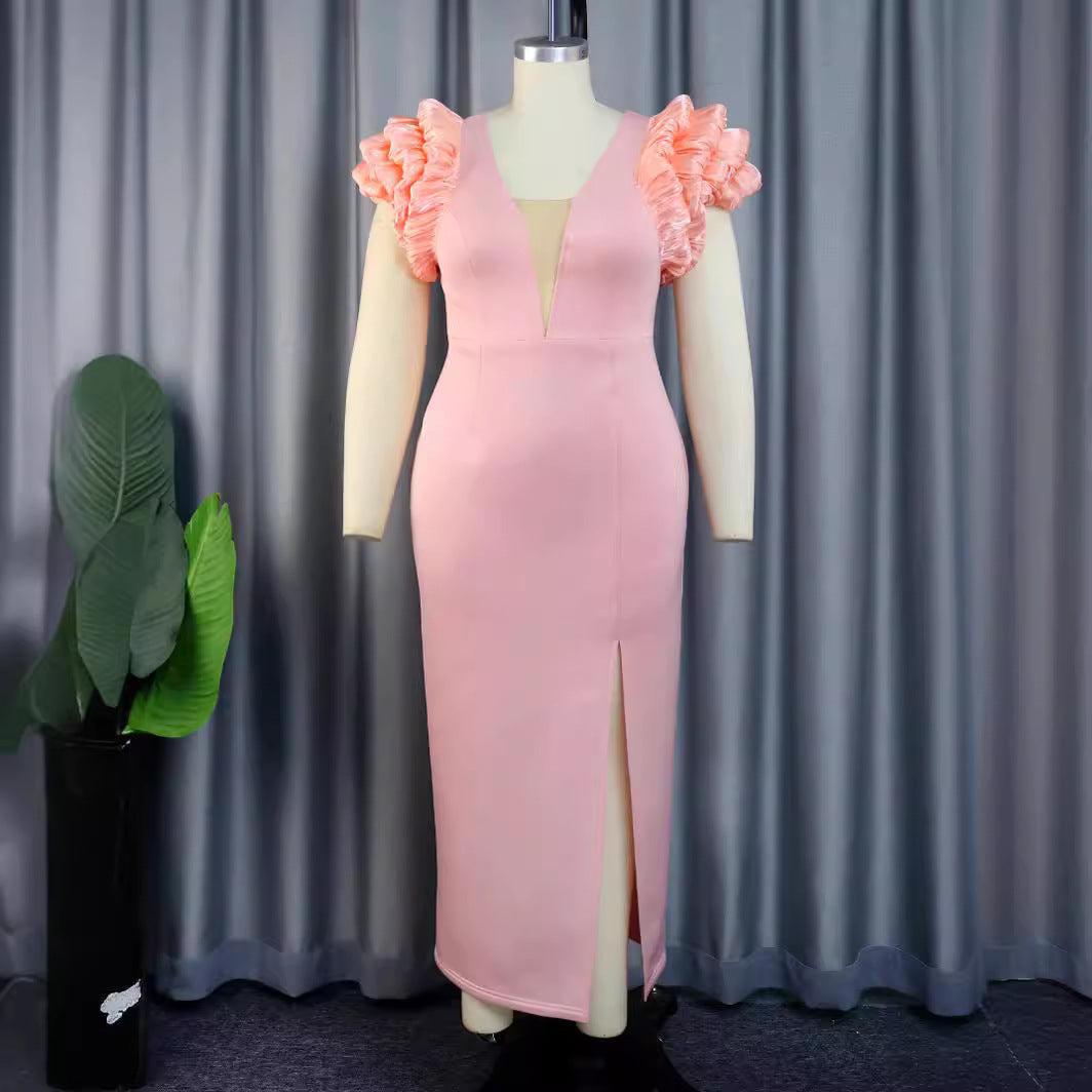 Damen Elegantes Maxikleid mit voluminösen Rüschenschultern und sexy Schlitz Drune