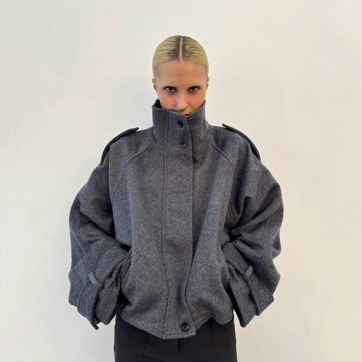 Damen nan kurzer Wollmix-Blouson mit hohem Stehkragen, Schulterpatten und voluminösen Ballonärmeln Drune