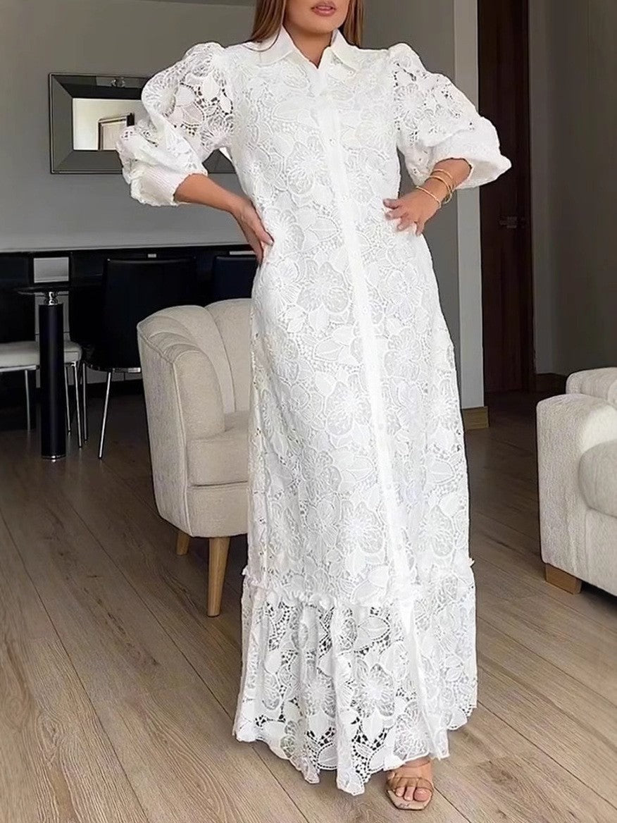 Damen Elegantes Spitzenmaxikleid mit voluminösen Ärmeln Drune