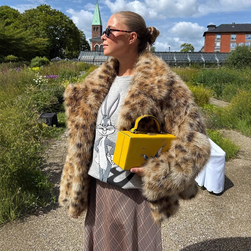 Damen künstlicher Pelzmantel im Leopardenmuster Drune