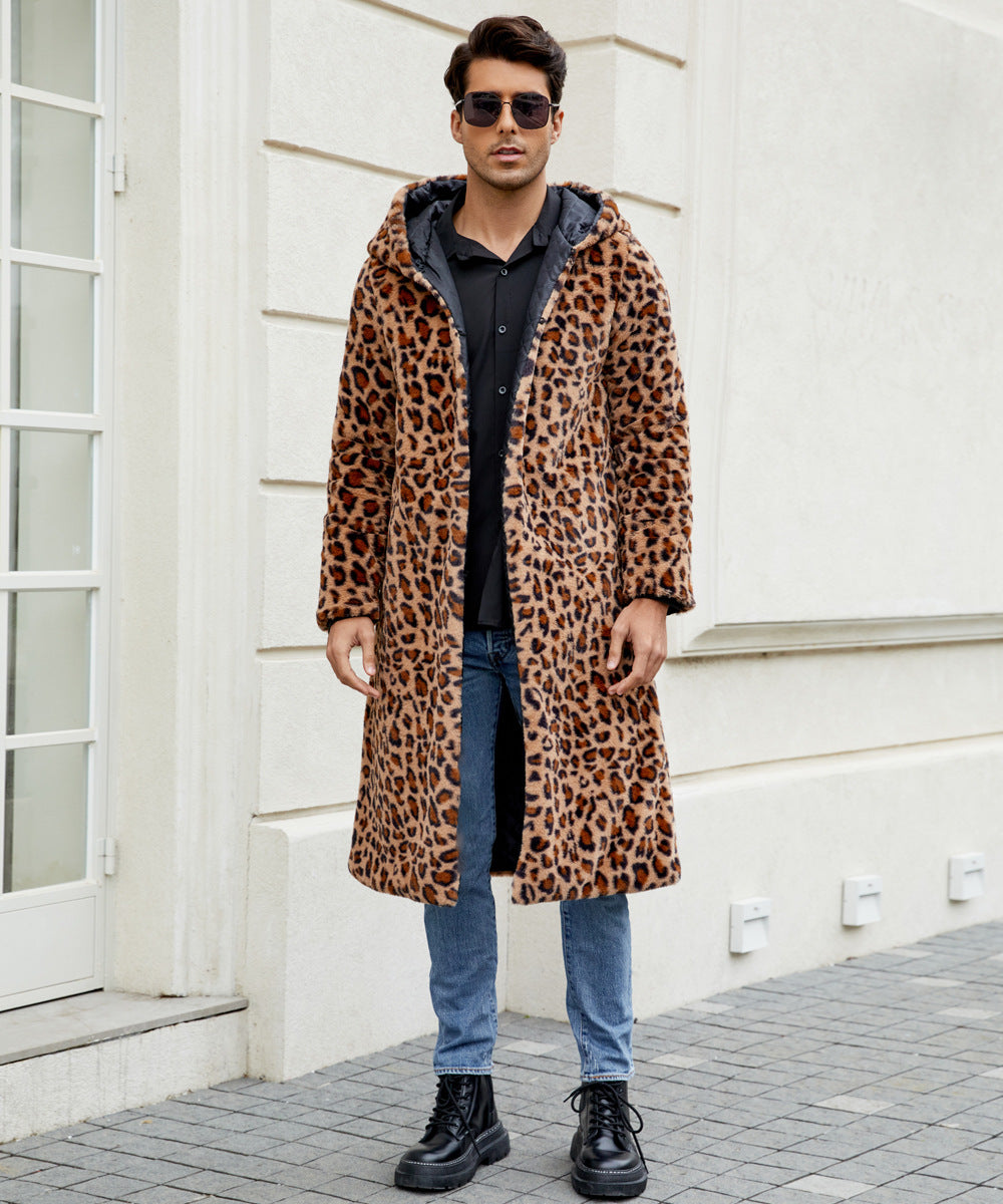 Herren Eleganter Kunstfellmantel mit Leopardenmuster Drune