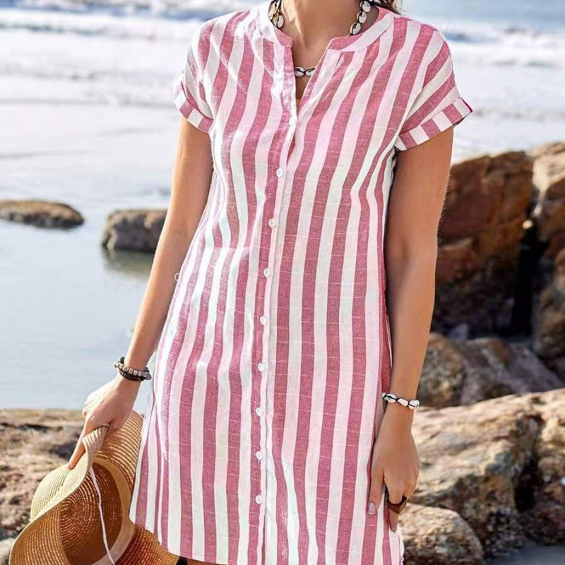 Damen Freizeitleinenhemdkleid mit gestreiftem Muster und schickem Kragen Drune