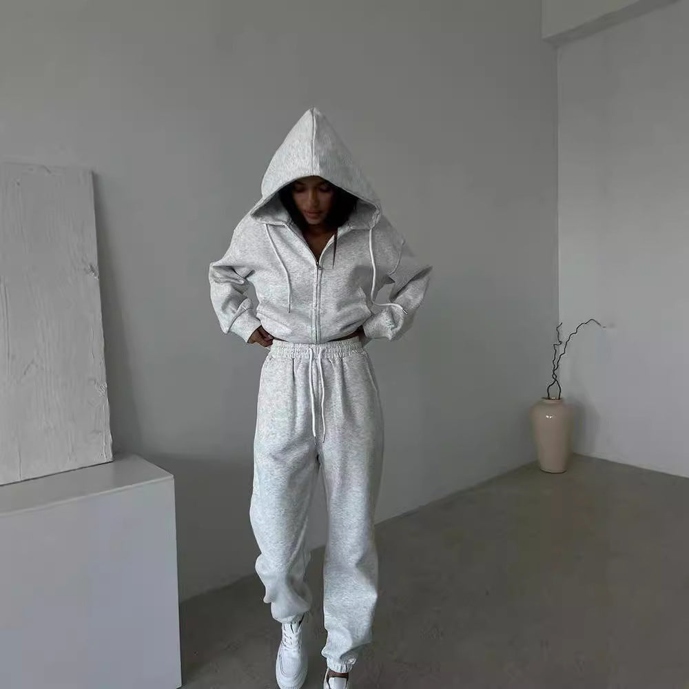 Damen sportliches Fleece-Jogginganzug mit praktischer Kapuze und Kordelzug Drune