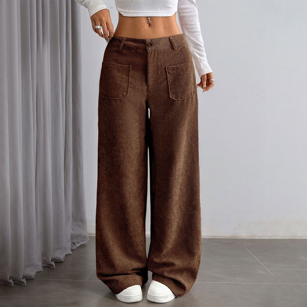 Damen weite Cord-Hose mit Taschen und hohen Bund Drune