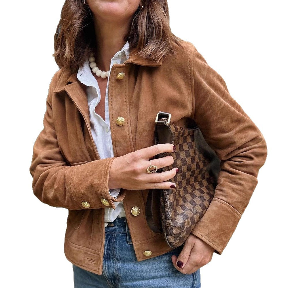 Damen Kunstlederjacke mit goldenen Knöpfen und modernem Schnitt Drune