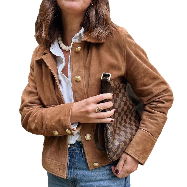 Damen Kunstlederjacke mit goldenen Knöpfen und modernem Schnitt Drune