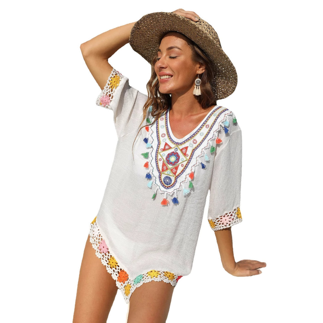 Damen luftiger Kaftan mit buntem Häkelmuster Drune