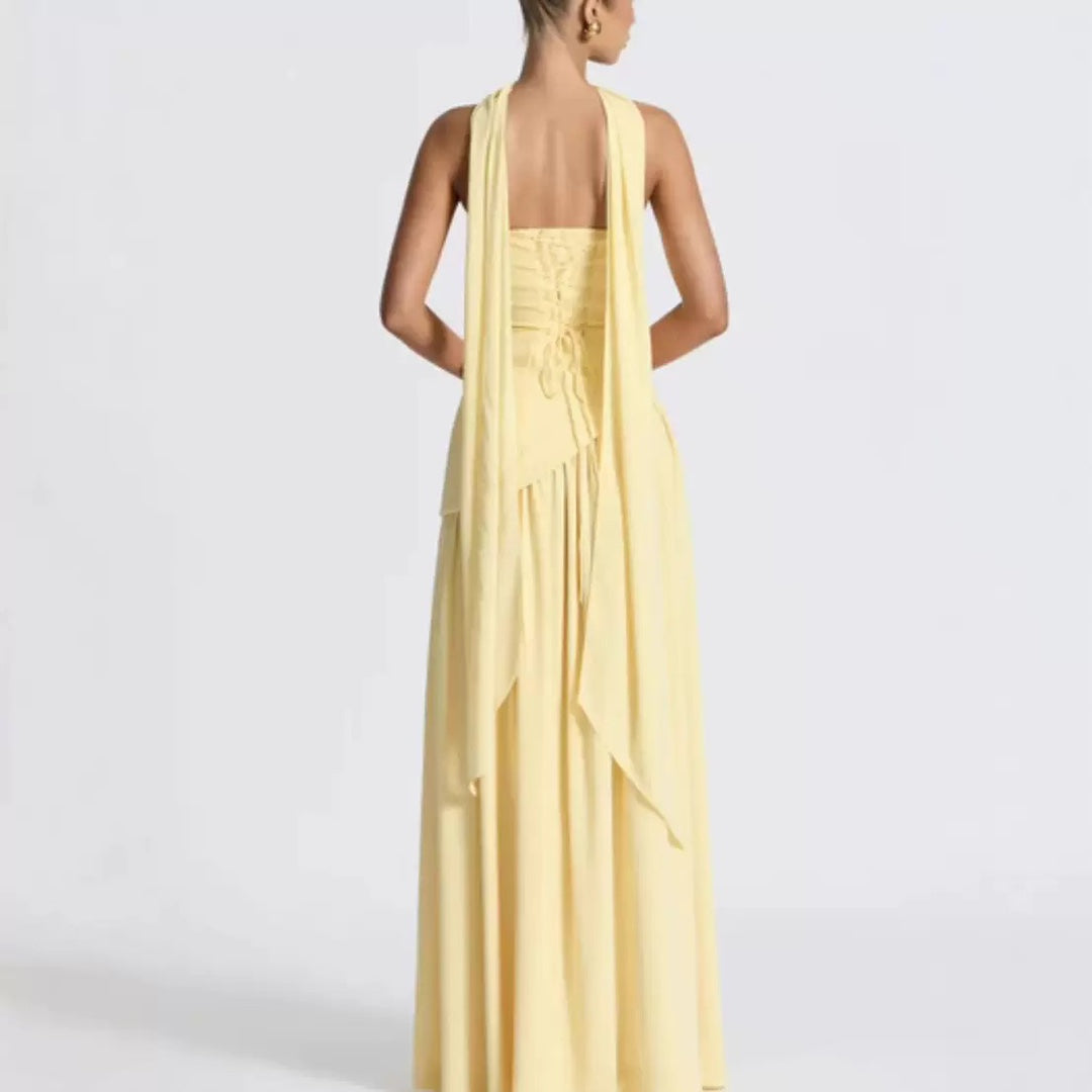 Damen Maxikleid mit figurbetontem Oberteil und schwingendem Rock Drune