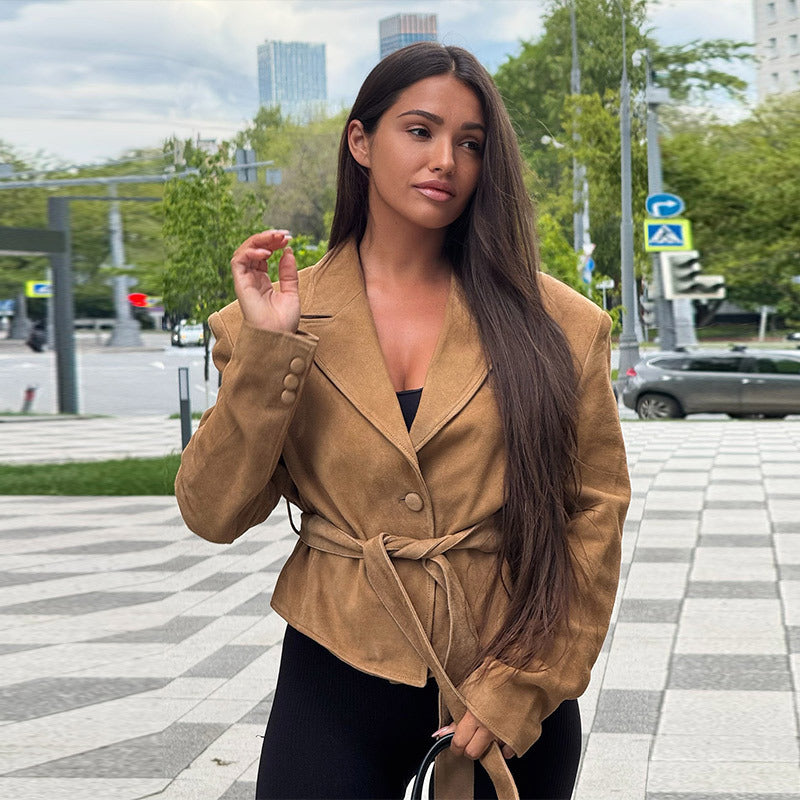 Damen Samt Blazer mit Taillengürtel Drune