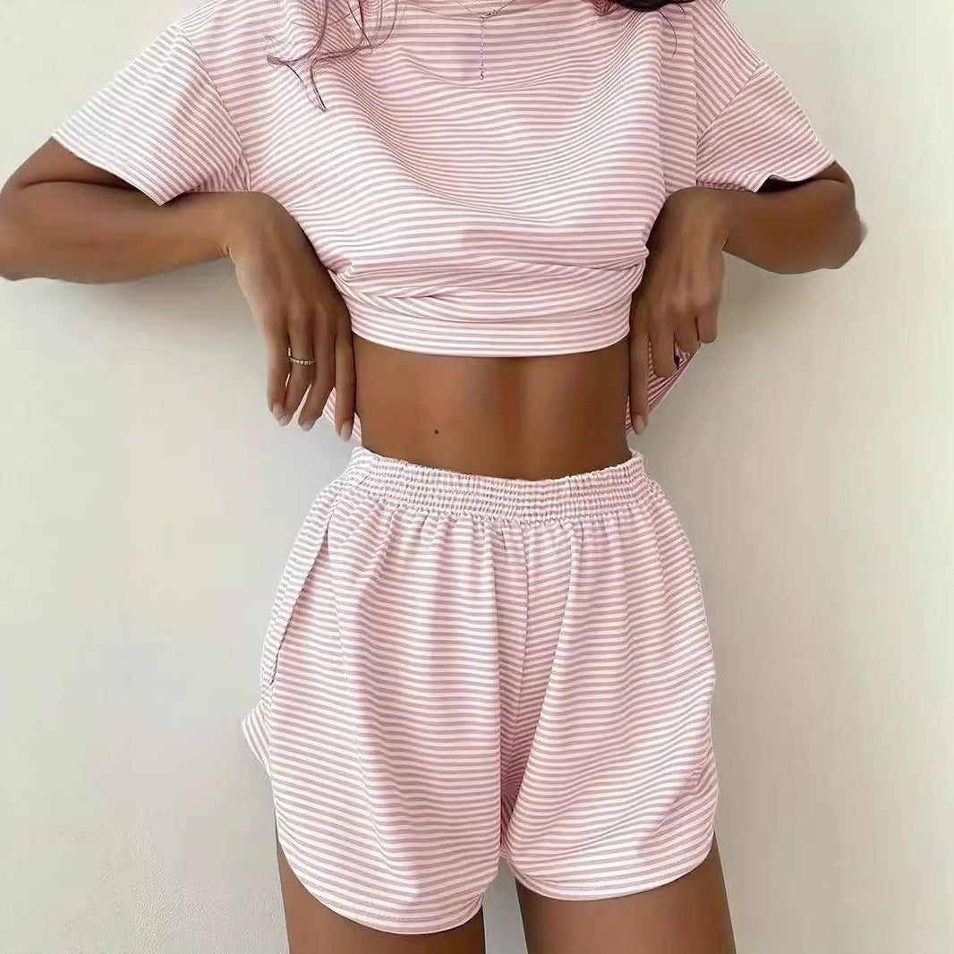 Damen lässiges Crop-Top und Short-Set mit gestreiftem Muster Drune