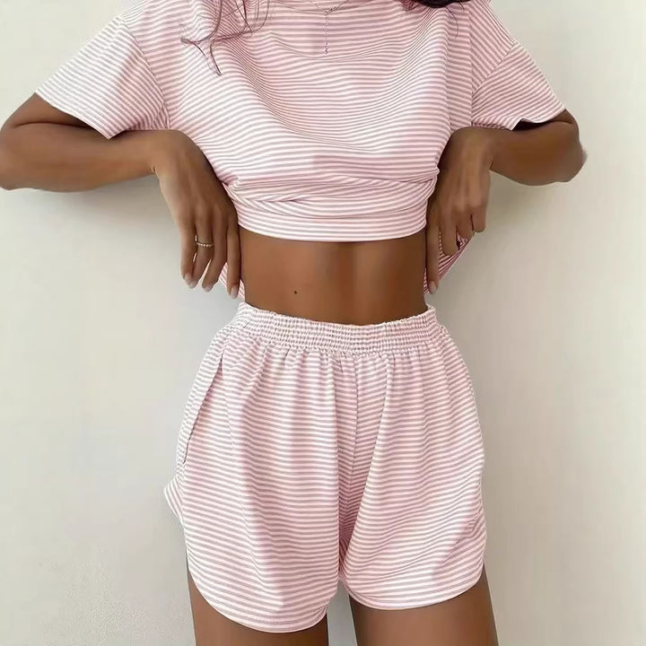 Damen lässiges Crop-Top und Short-Set mit gestreiftem Muster Drune