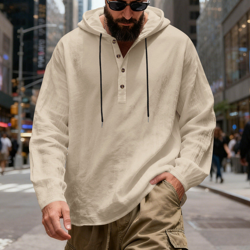 Herren nan legeres Henley-Kapuzenhemd mit Knopfleiste, Kordelzug und gerundetem Saum Drune