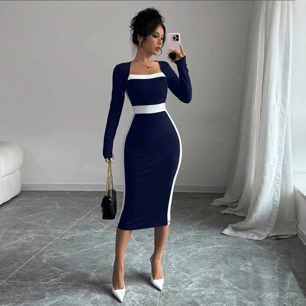 Damen figurbetontes Midi-Kleid mit quadratischem Ausschnitt und kontrastierenden Akzenten Drune