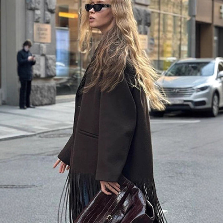 Damen Oversized Mantel mit Fransen Drune