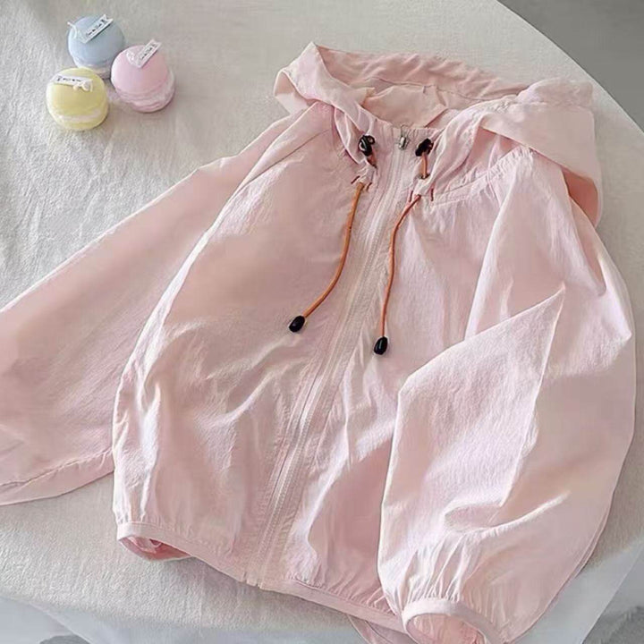 Damen nan leichte Kapuzenjacke Windbreaker mit Kordelzug, elastischem Saum und Reißverschluss Drune
