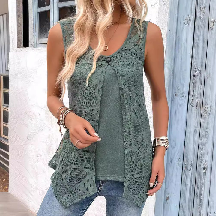 Damen Ärmelloses Spitzen-Tunika-Shirt mit modischem Knopfverschluss Drune
