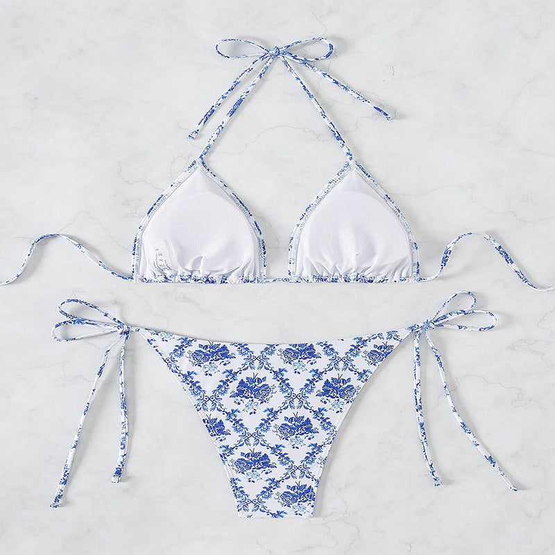 Damen Triangel-Bikini mit verspieltem Blumendesign und verstellbaren Bindebändern Drune