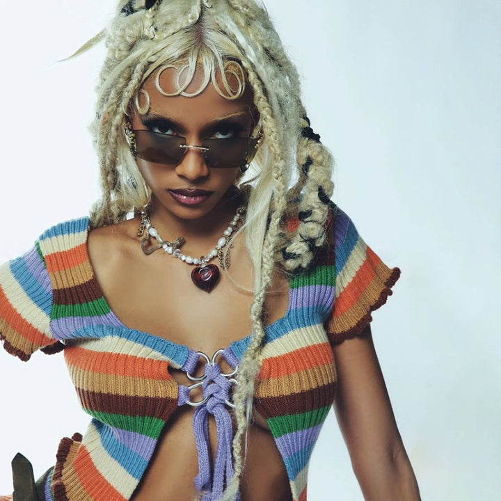 Damen figurbetontes Crop-Top mit modischen Streifen und Rüschendetails Drune