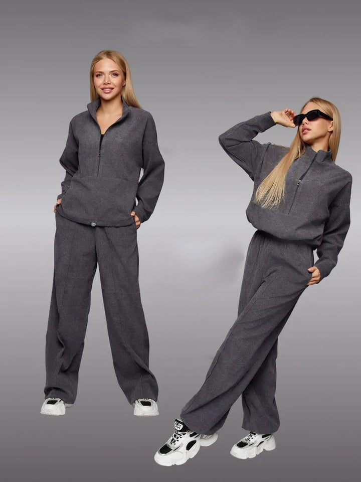 Damen sportliches Fleece-Set mit hohem Kragen und weitem Bein Drune