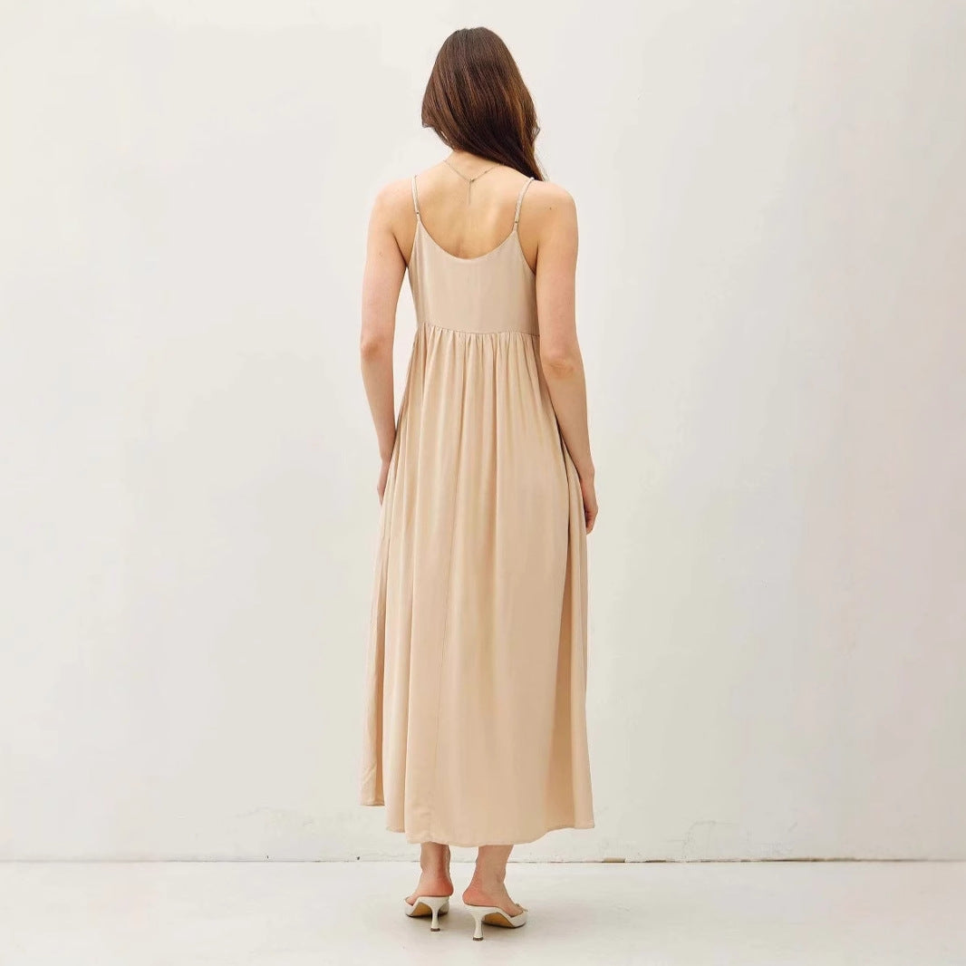 Damen luftiges Maxikleid mit Spaghettiträgern und raffiniertem Schnitt Drune