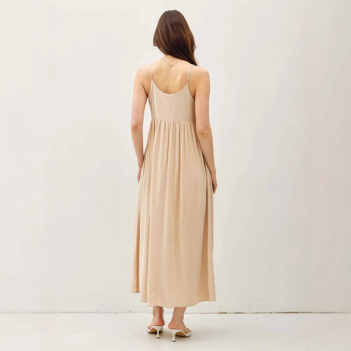 Damen luftiges Maxikleid mit Spaghettiträgern und raffiniertem Schnitt Drune