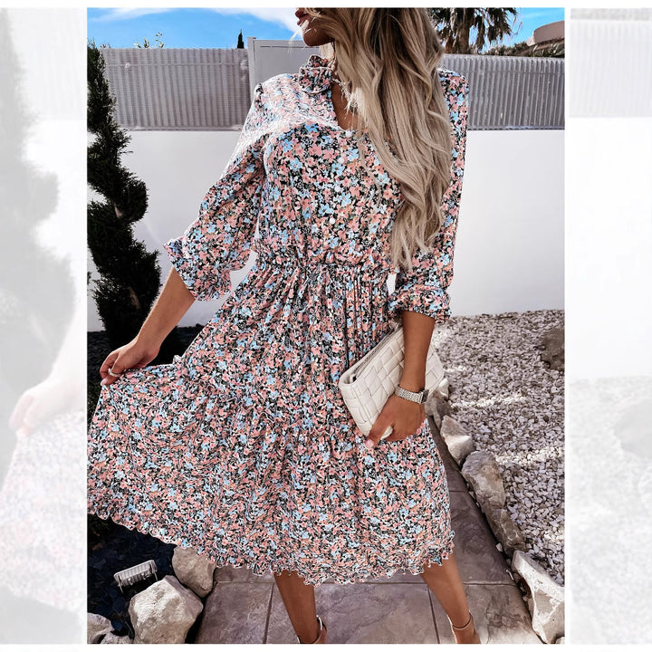 Damen Blumenkleid mit verspielten Rüschendetails und knielangem Schnitt Drune