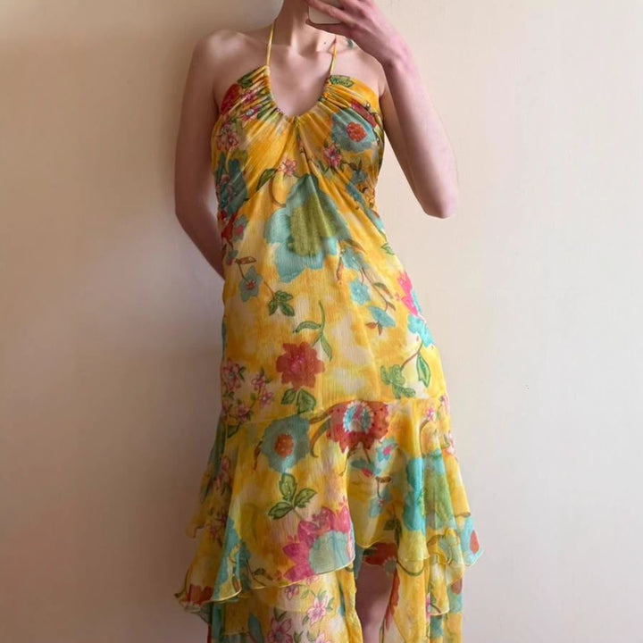 Damen Maxikleid mit floralem Lagenlook und Spaghettiträgern Drune