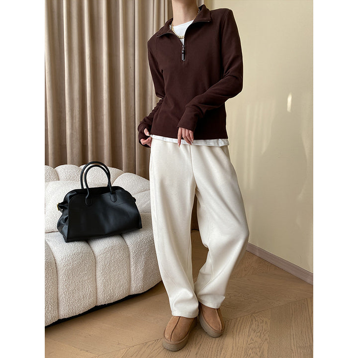Damen langärmeliger Quarter-Zip Pullover mit hoher Passform und elastischen Bündchen Drune
