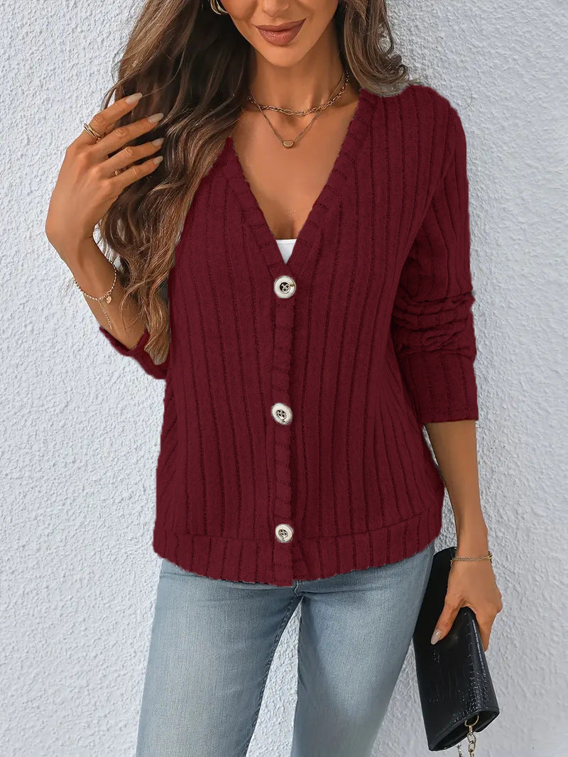 Damen nan gerippter V-Ausschnitt Strickcardigan mit dekorativen Knöpfen, leicht überschnittener Schulter und kastigem Saum Drune