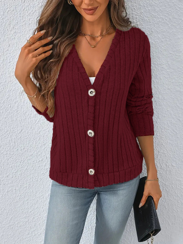 Damen nan gerippter V-Ausschnitt Strickcardigan mit dekorativen Knöpfen, leicht überschnittener Schulter und kastigem Saum Drune