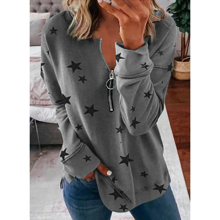 Damen Lässiger Sweatshirt mit Reißverschluss und Sternenmotiv Drune