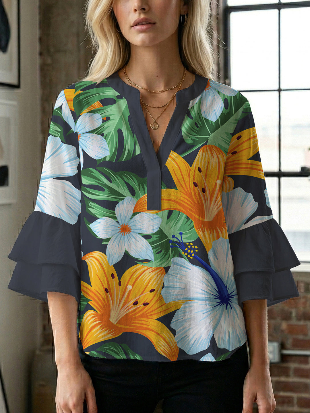 Damen Bluse mit voluminösen Rüschenärmeln und floralem Druck Drune