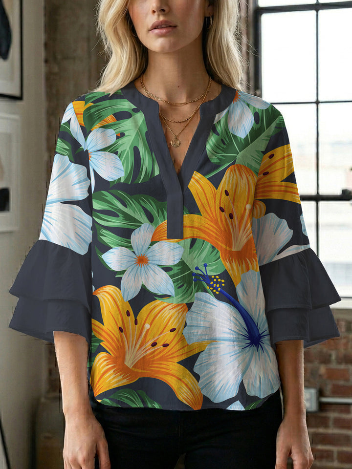 Damen Bluse mit voluminösen Rüschenärmeln und floralem Druck Drune