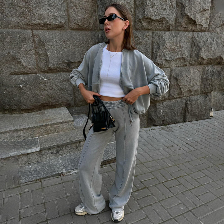 Damen lässiger Zweiteiler mit sweatshirtähnlichem Oberteil und weitem Hosenansatz Drune
