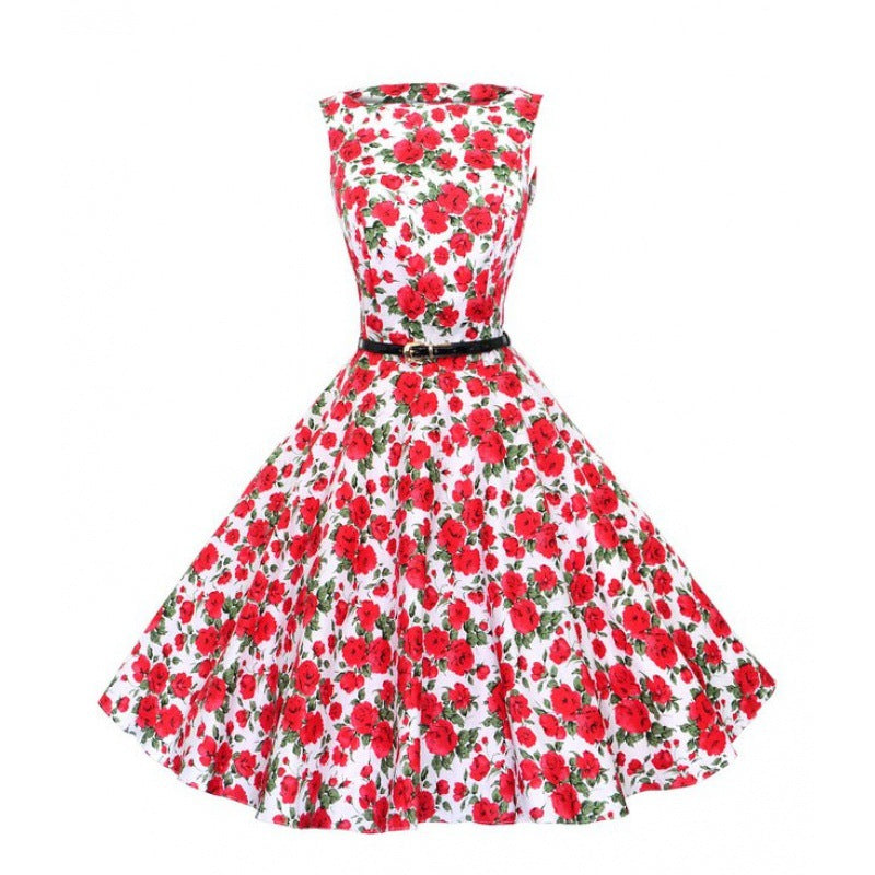 Damen A-Linien Kleid mit floralem Muster und Taillengürtel Drune
