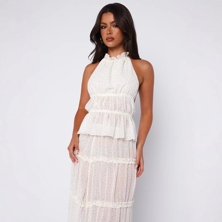 Damen Langärmliges Maxikleid mit elegantem Rüschen-Design und transparentem Stoff Drune