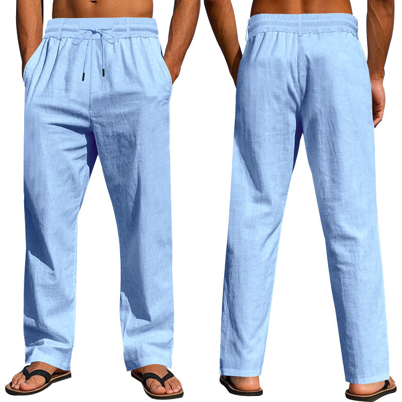 Herren nan leichte Baumwoll Leinen Freizeit-Hose mit Tunnelzug geradem Schnitt Drune