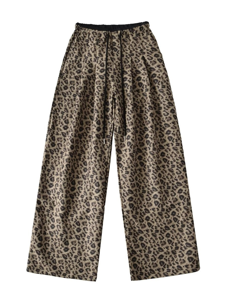 Damen Trendige weite Leoparden-Hose mit elastischem Bund und Bindegürtel Drune
