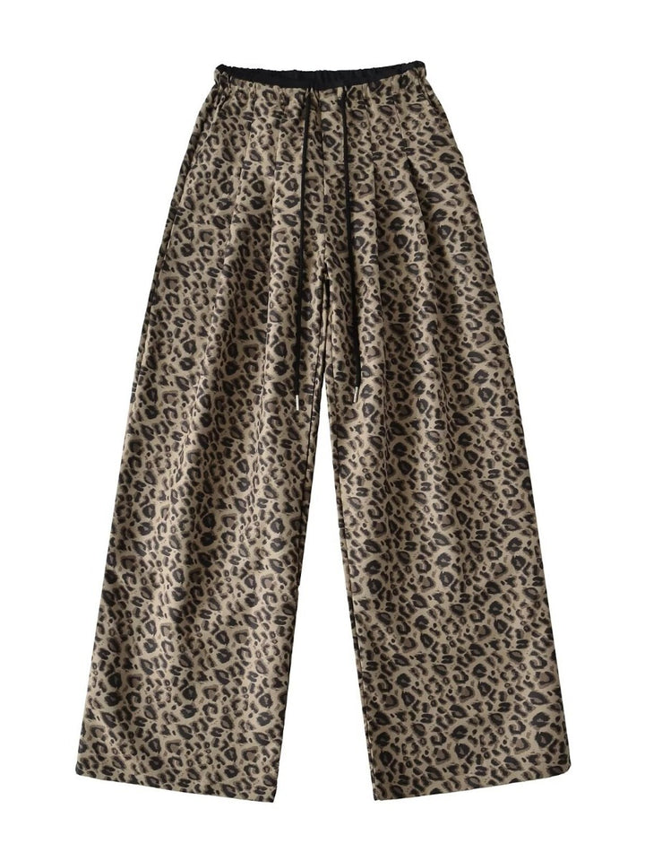 Damen Trendige weite Leoparden-Hose mit elastischem Bund und Bindegürtel Drune