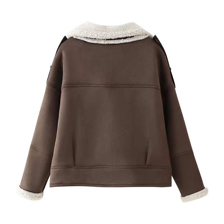 Damen modische Kunstpelzjacke mit umschlagbarem Kragen Drune