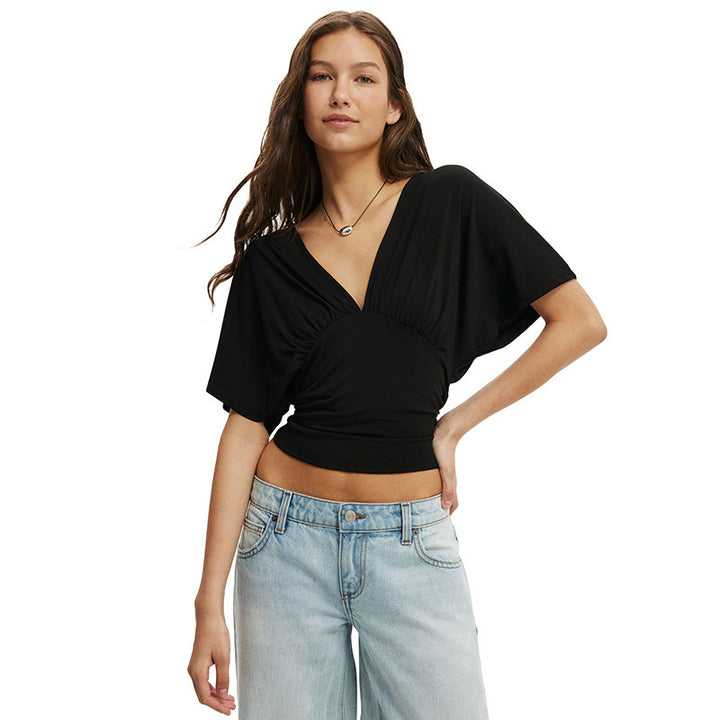 Damen elegantes Wickeloberteil mit voluminösenÄrmeln und tiefem V-Ausschnitt Drune