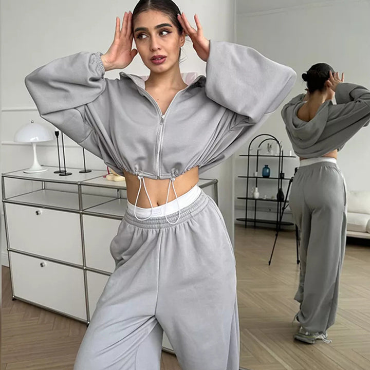 Damen nan cropped Reißverschluss-Hoodie mit Tunnelzugsaum und weitem Sweatpants-Schnitt Drune