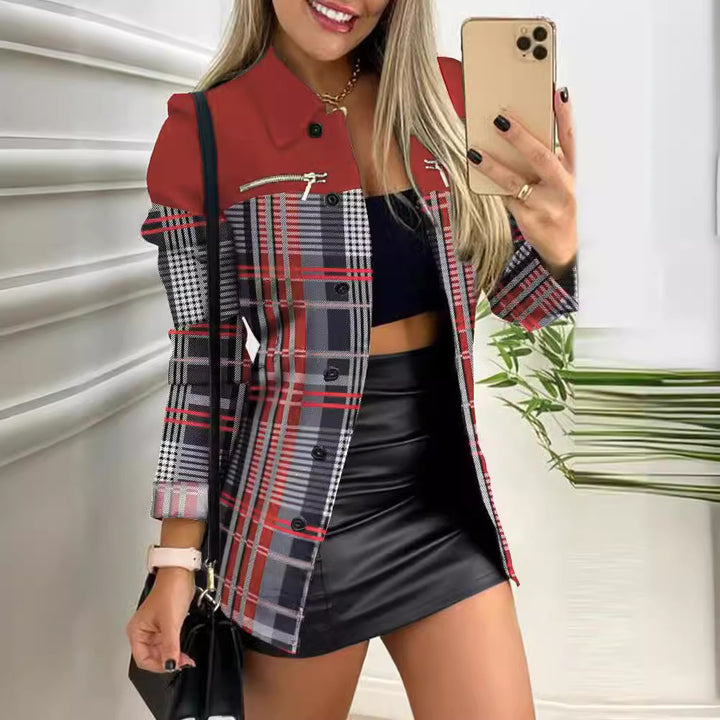 Damen nan karierter Longblazer im Shacket-Stil mit dekorativen Reißverschlüssen Drune