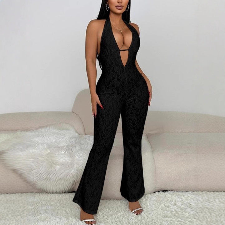 Damen eleganter Jumpsuit mit tiefem V-Ausschnitt und Spitzendetails Drune