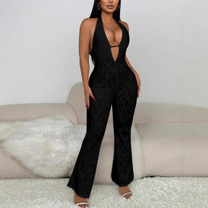 Damen eleganter Jumpsuit mit tiefem V-Ausschnitt und Spitzendetails Drune