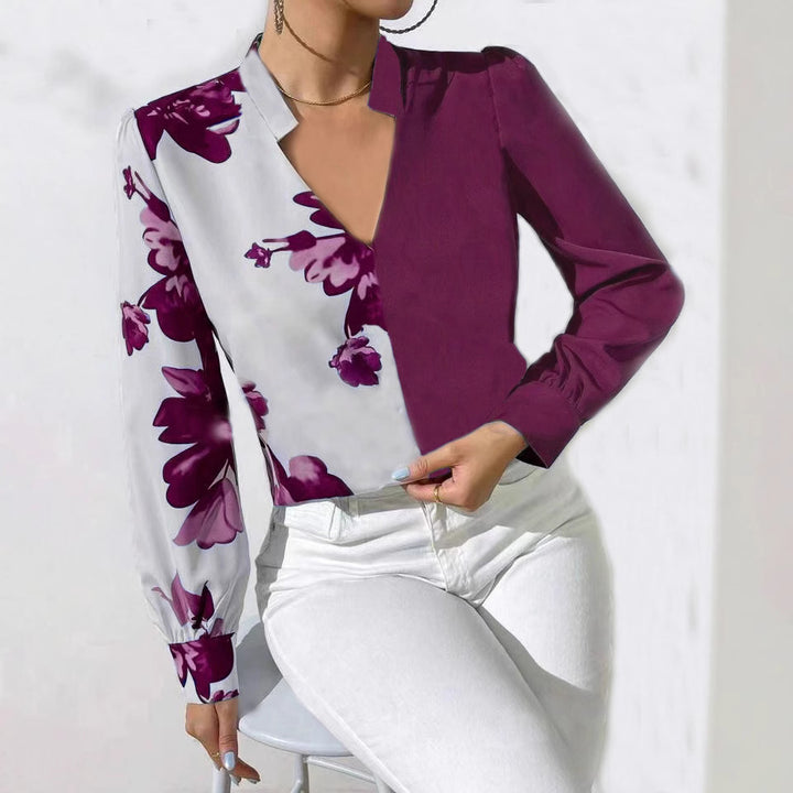 Damen Bluse mit einzigartigem floralen Muster und elegantem V-Ausschnitt Drune