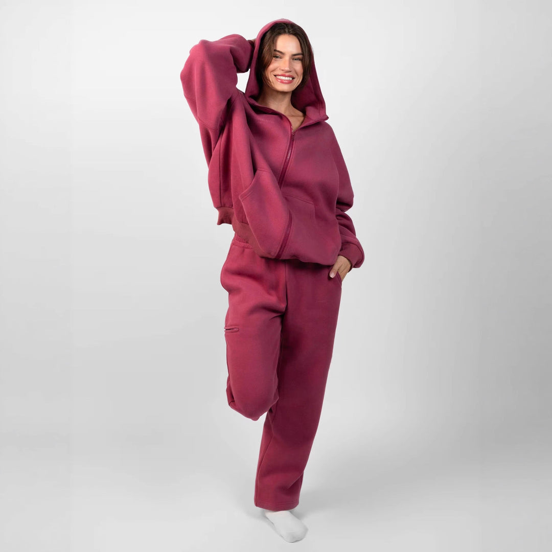 Damen sportliches Fleece-Hoodie-Set mit Reißverschluss und weiten Hosen Drune